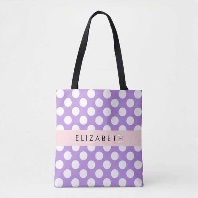 Purple Polka Dots, Polka Dot Pattern, Your Name Tote Bag (Front)
