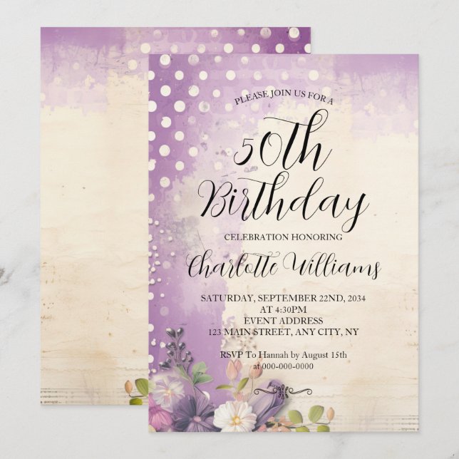 Purple Polka Dots Women's 50th Birthday Invitation (Front/Back)