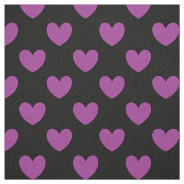 Purple polka hearts on black fabric (Swatch)