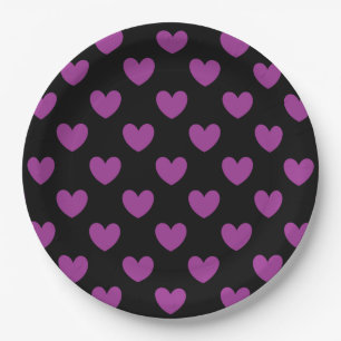 Purple polka hearts on black paper plate