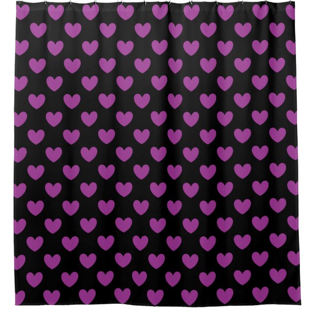 Purple polka hearts on black shower curtain (Front)