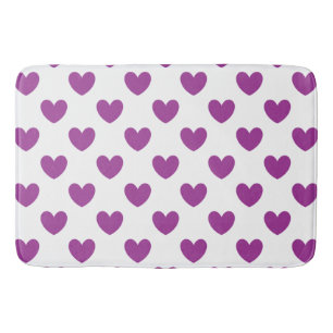 Purple polka hearts on white bath mat