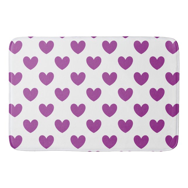 Purple polka hearts on white bath mat (Front)