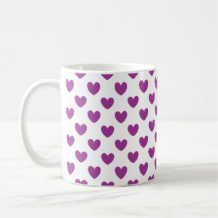 Purple polka hearts on white coffee mug