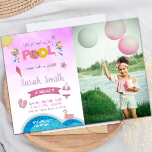 Purple Pool Birthday Invitations with photo