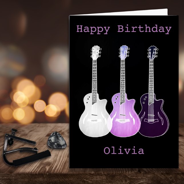 Purple Pop Art Music Guitar Custom Name Card (Cool pop art guitar pink and black custom happy birthday greetings card)