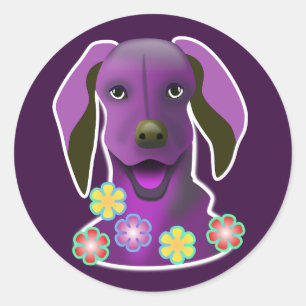 Purple Pop Art Smiling Dog & Flowers Cartoon Fun Classic Round Sticker