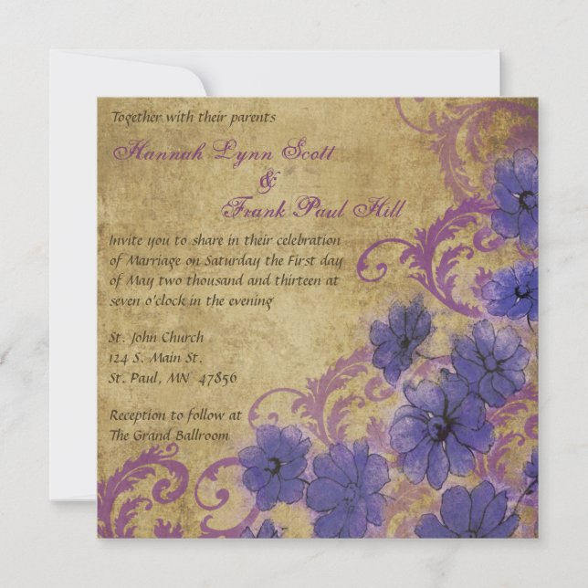 Purple Poppy and Flourish Vintage Wedding Invitati Invitation (Front)
