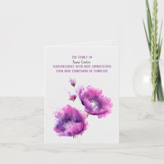 Purple Poppy Sympathy Thank You Card (Front)
