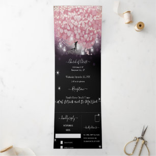 Purple Powder Pink and Black Heart Leaf Wedding Tri-Fold Invitation