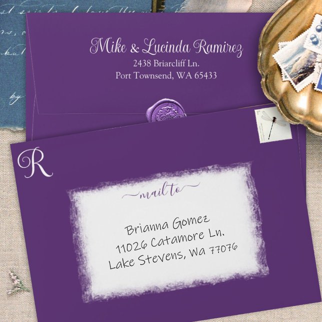 Purple Pre-addressed 5x7 Monogram Quinceanera Envelope (plum purple quinceanera 5x7 envelopes elegant script birthday mailing address pre-printed on back)