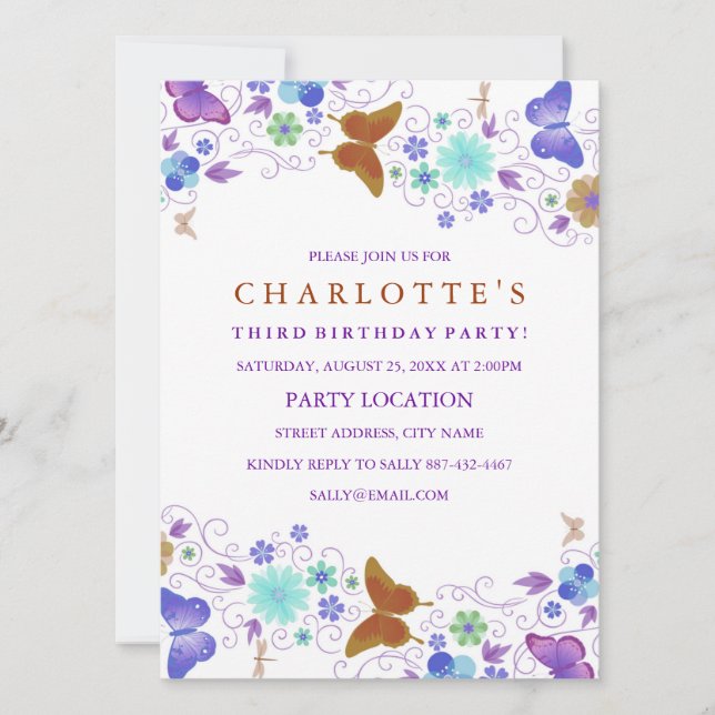 Purple Pretty Butterfly | Birthday Invitation (Front)