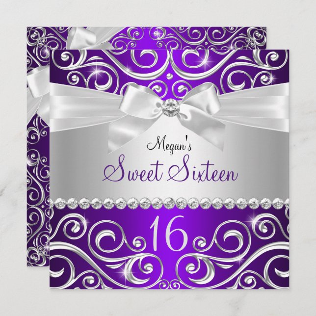 Purple Pretty Diamond bow Sparkle Swirl Sweet 16 Invitation (Front/Back)