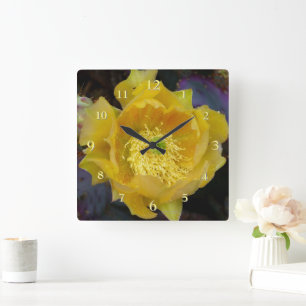 Purple Prickly Pear Cactus wth Yellow Flower Square Wall Clock