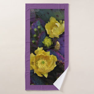 Purple prickly pear opuntia cactus yellow flowers bath towel