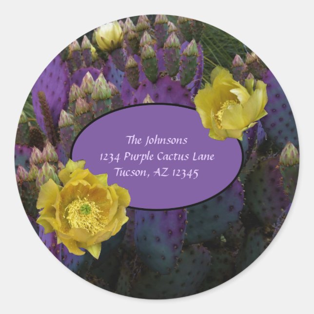 Purple Prickly Pear Opuntia Cactus Yellow Flowers Classic Round Sticker (Front)