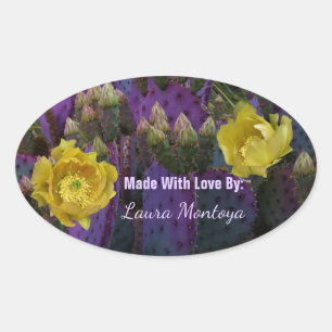 Purple Prickly Pear Opuntia Cactus Yellow Flowers Oval Sticker
