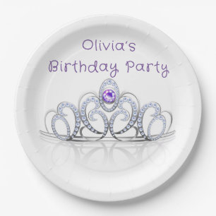 Purple Princess Diamond Crown Birthday Party Paper Plate