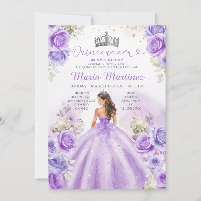 Purple Princess Dresses Floral Silver Quinceañera Invitation (Front)