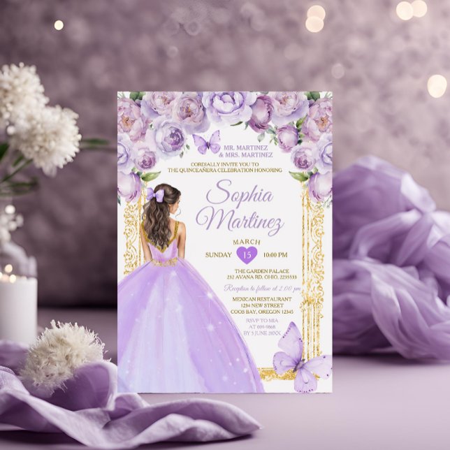 Purple Princess Dresses Lavender Floral Mis Quince Invitation (Creator Uploaded)