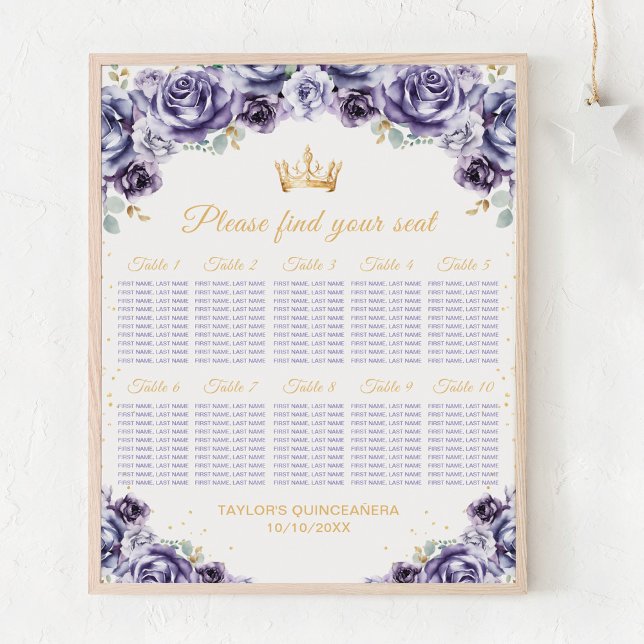 Purple Princess Quinceañera 10 Table Seating Chart (Creator Uploaded)