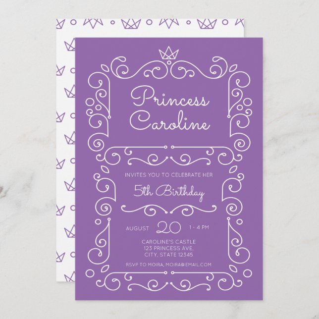 Purple Princess Scroll Birthday Invitation (Front/Back)