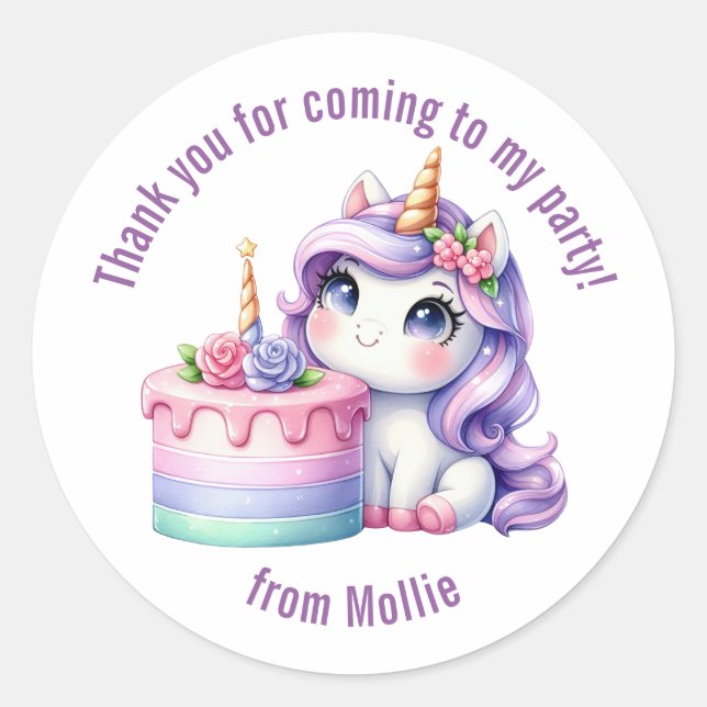 Purple Princess Unicorn Thank You Classic Round Sticker (Front)