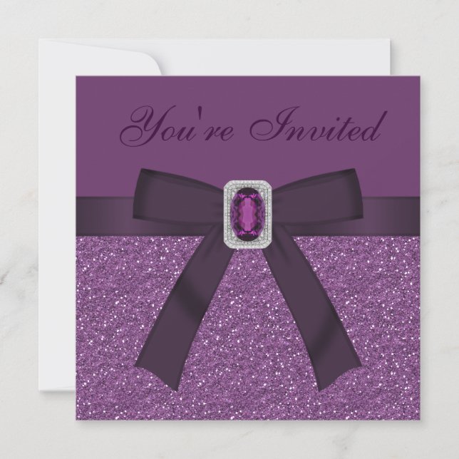 Purple Printed Glitter & Amethyst & Diamond Bling Invitation (Front)