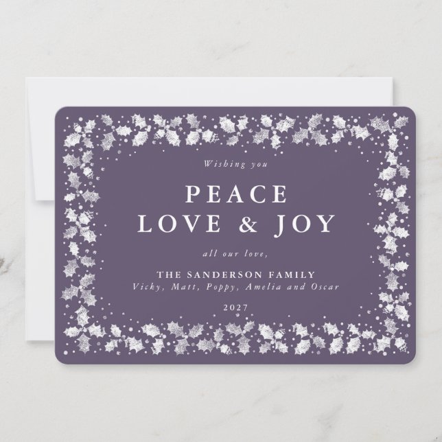 Purple Printed Holly Leaves Border Flat Non Photo Holiday Card (Front)