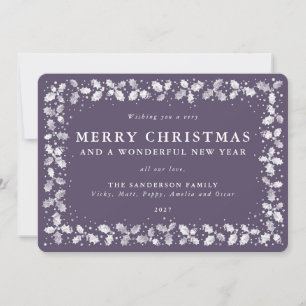 Purple Printed Holly Leaves Border Flat Non Photo Holiday Card
