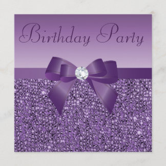 Purple Printed Sequins Bow & Diamond Birthday Invitation