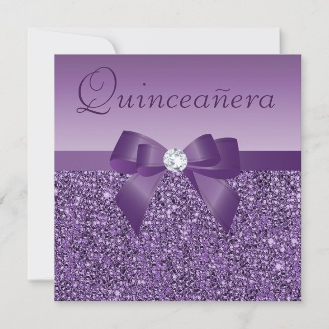 Purple Printed Sequins & Bow Quinceanera Invitation (Front)