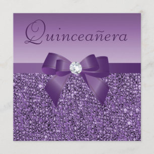 Purple Printed Sequins & Bow Quinceanera Invitation