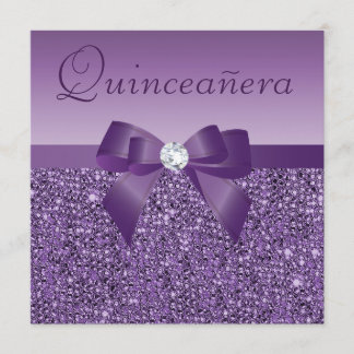 Purple Printed Sequins & Bow Quinceanera Invitation
