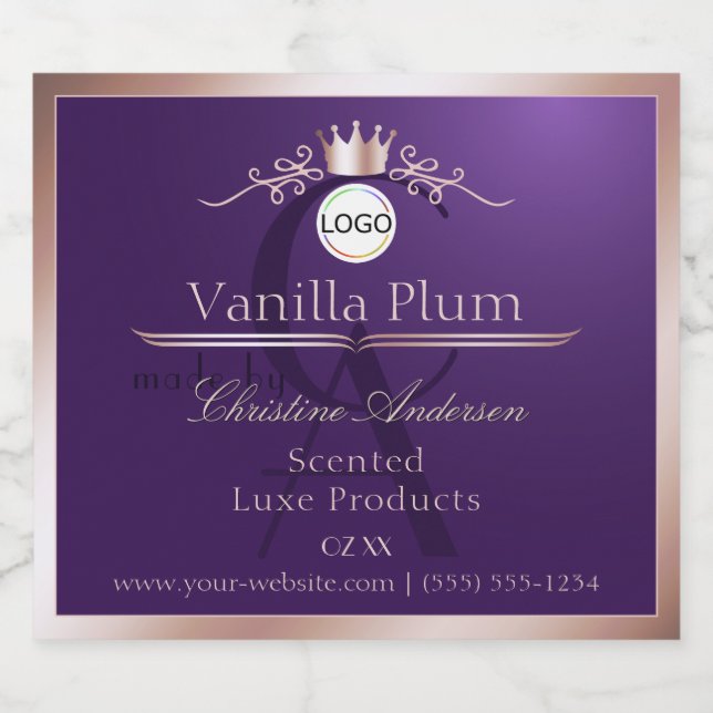 Purple Product Label Rose Gold Frame Logo Monogram (Single Label)