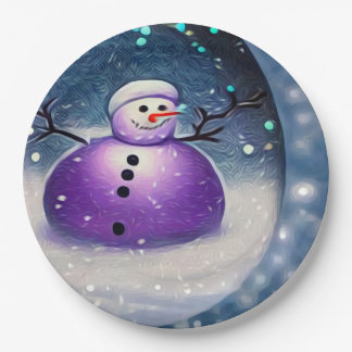 Purple Pudgy Painted Snowman Paper Plate