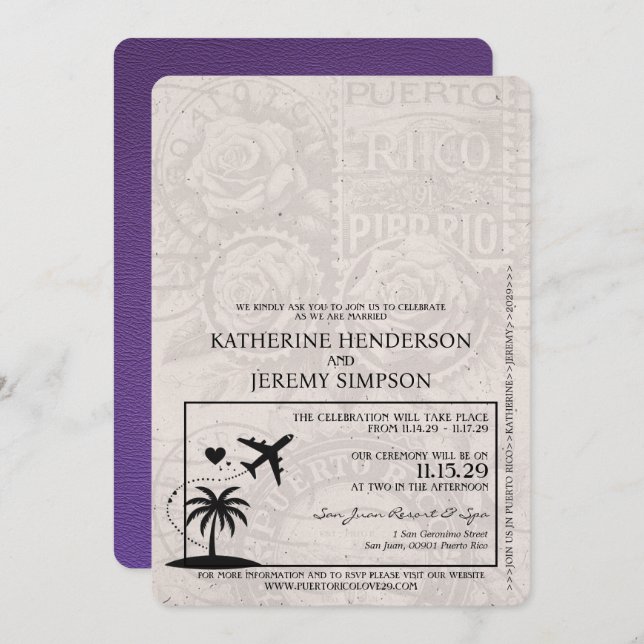 Purple Puerto Rico Passport Wedding Invitation (Front/Back)