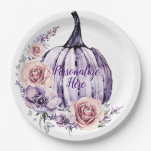 Purple pumpkin cute floral fall autumn flowers paper plate