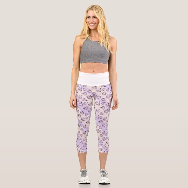 Purple pumpkin cute floral fall purple pink capri leggings (Front)