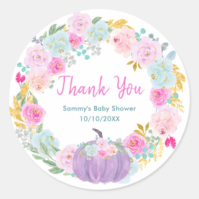 Purple Pumpkin Floral Wreath Baby Shower Thank You Classic Round Sticker (Front)
