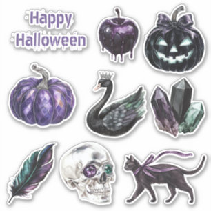 Purple Pumpkin Halloween Skull Jewels Feather Cat