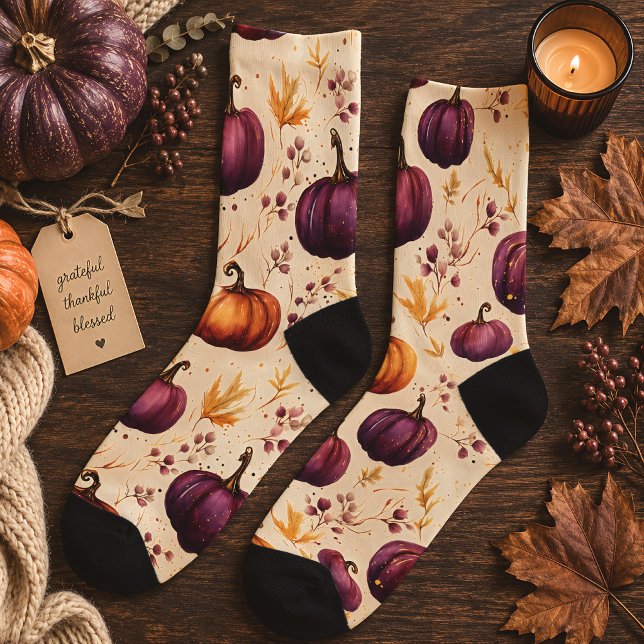 Purple Pumpkins Autumn Harvest Thanksgiving Socks (Creator Uploaded)