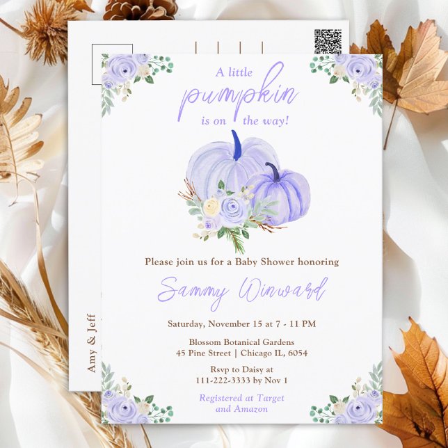 Purple Pumpkins Floral Baby Shower Postcard (Creator Uploaded)