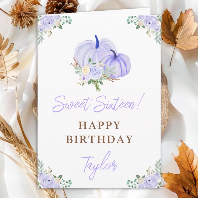 Purple Pumpkins Floral Sweet Sixteen Birthday Card (Creator Uploaded)