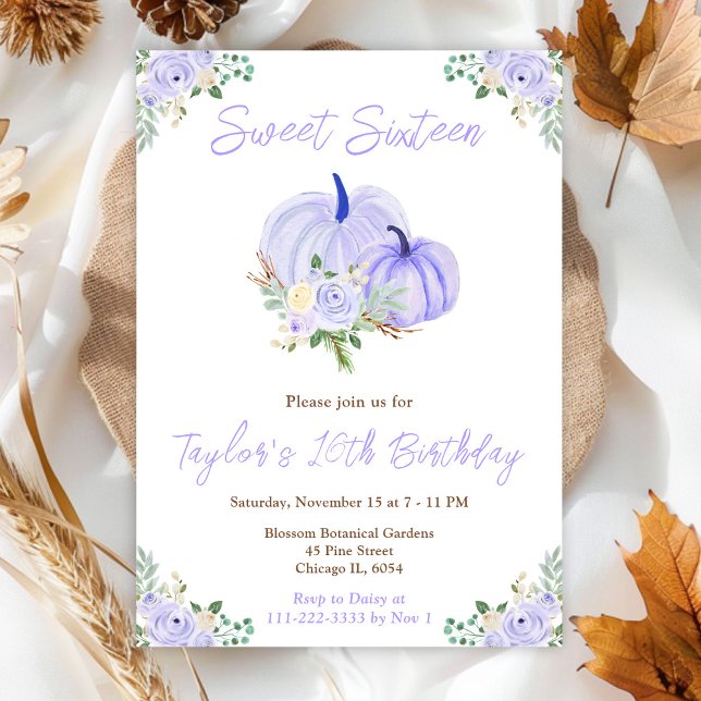 Purple Pumpkins Floral Sweet Sixteen Invitation (Creator Uploaded)