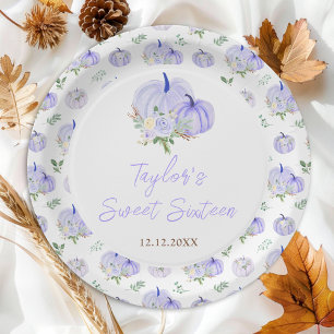 Purple Pumpkins Floral Sweet Sixteen Paper Plate