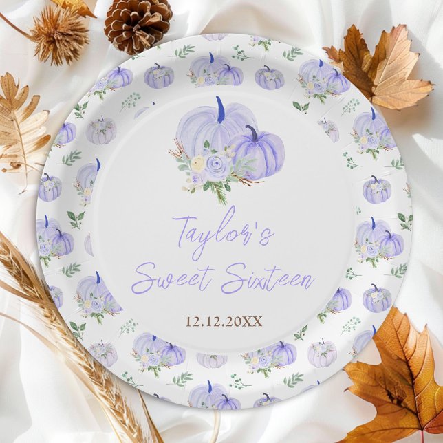 Purple Pumpkins Floral Sweet Sixteen Paper Plate (Creator Uploaded)