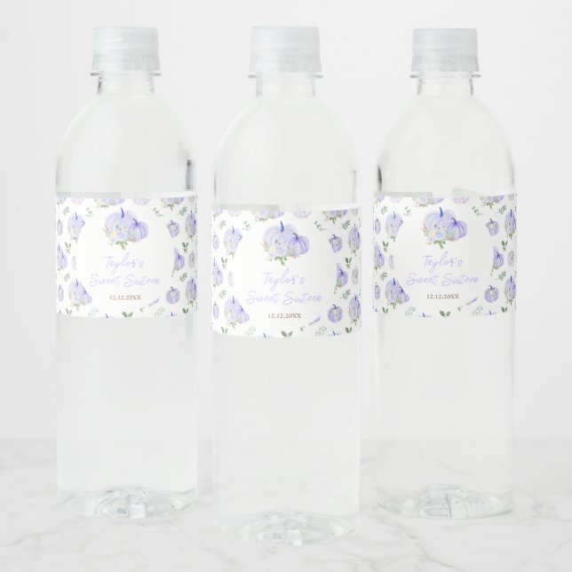 Purple Pumpkins Floral Sweet Sixteen Water Bottle Label (Bottles)