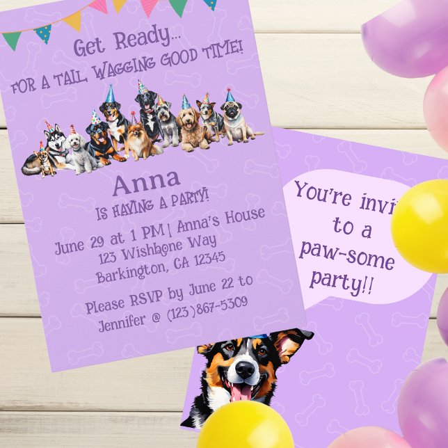 Purple Puppy Dog Birthday Paw-ty Invitation (Creator Uploaded)