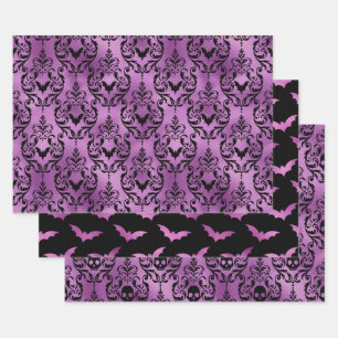 Purple Purple Bat and Skull Halloween Damask Wrapping Paper Sheet